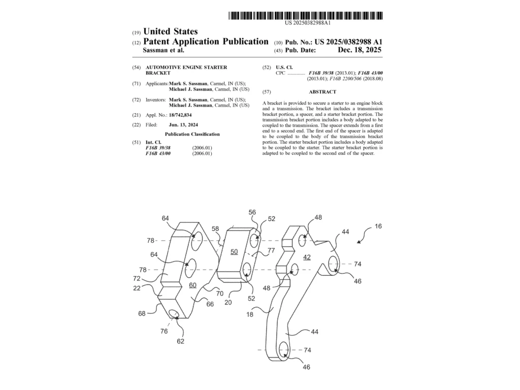 Front page of patent application publication US 2025/0382988 A1, Automotive Engine Starter Bracket