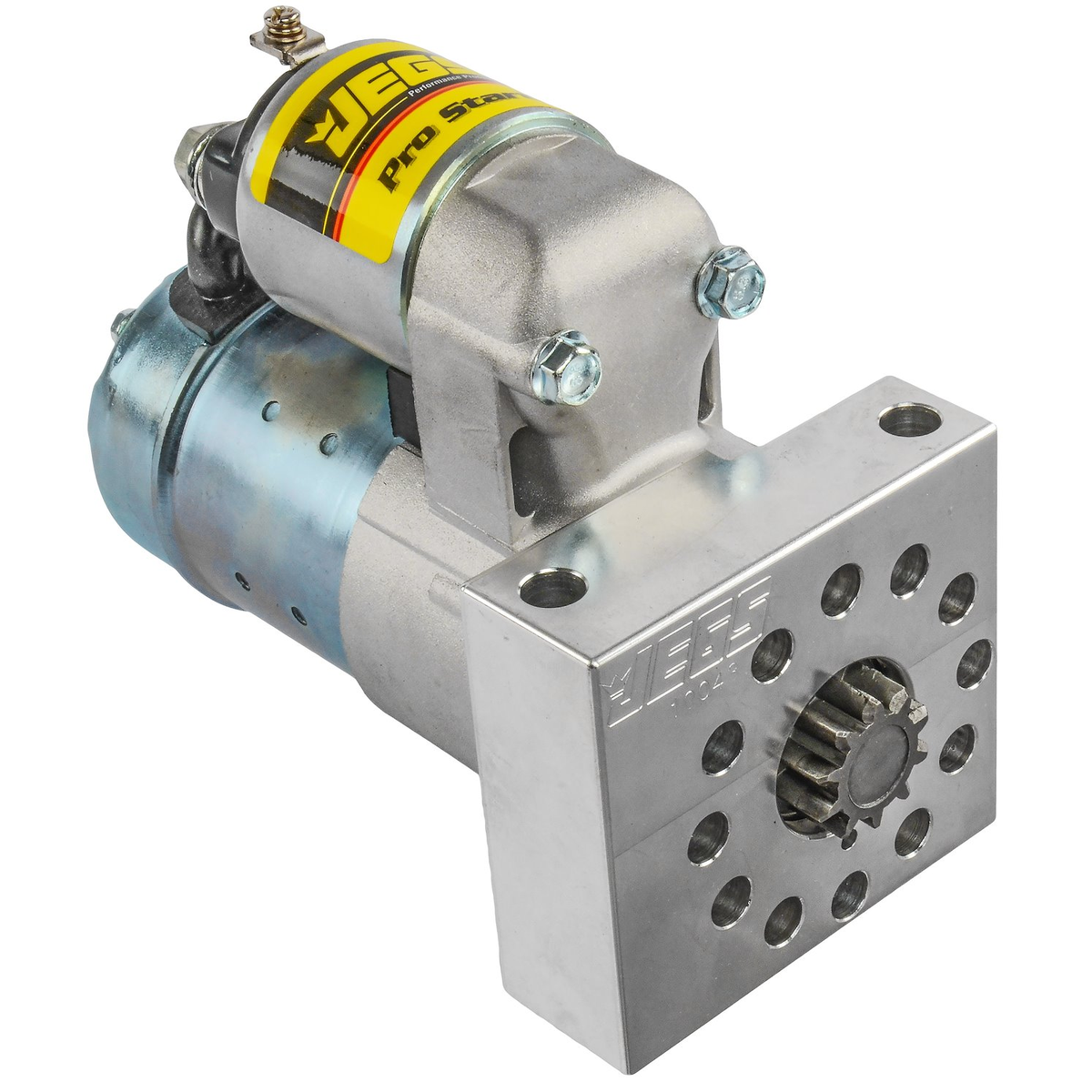 JEGS 10043 performance mini starter for GM LS engines with billet aluminum mounting block