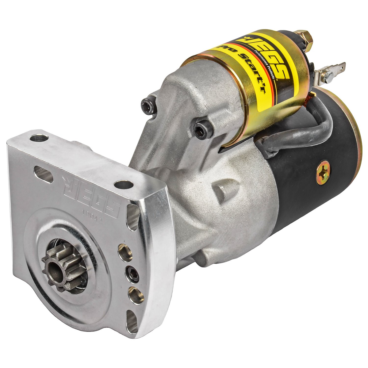 JEGS LS 14:1 mini starter, billet mounting block and drive pinion view