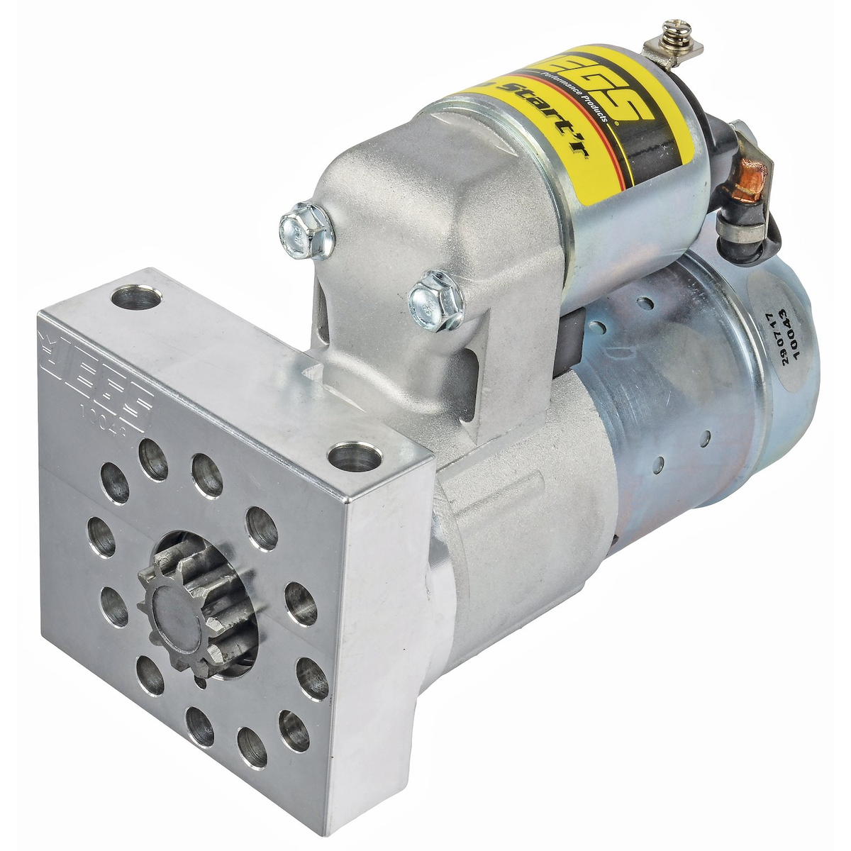 JEGS LS 11:1 mini starter, billet mounting block and drive pinion view