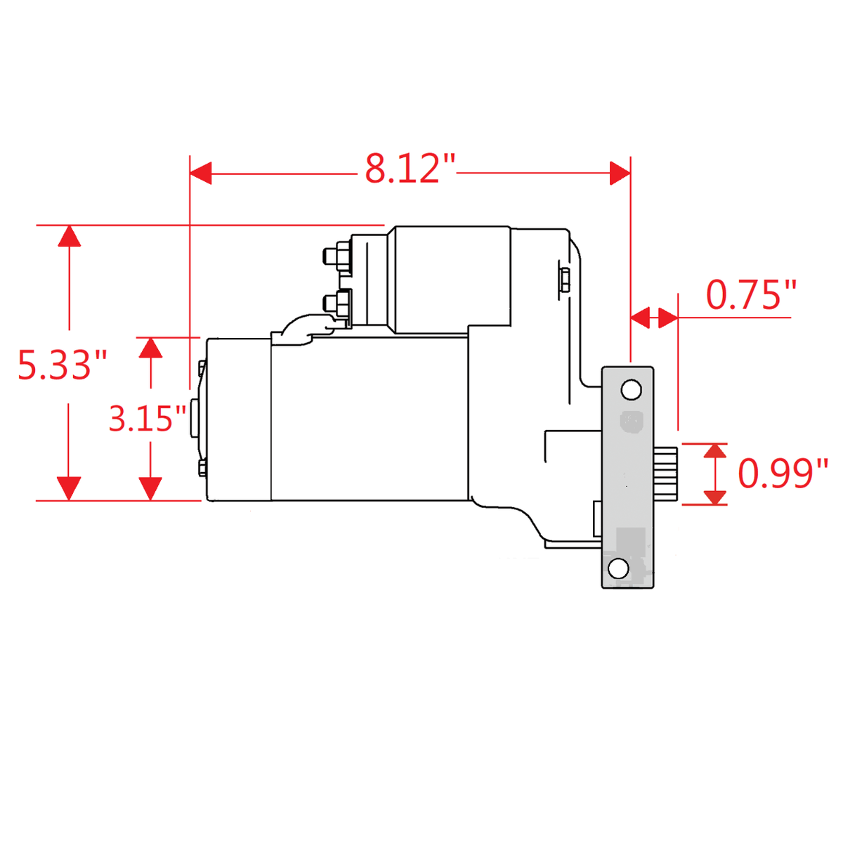 Powermaster 9004-9 PowerMAX Plus Starter for GM LS, 16:1, Natural, dimension drawing
