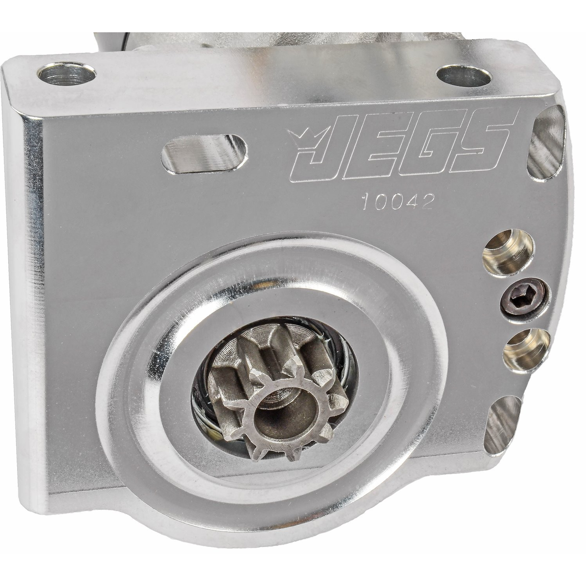 Billet aluminum mounting block and pinion on the JEGS 10042 starter