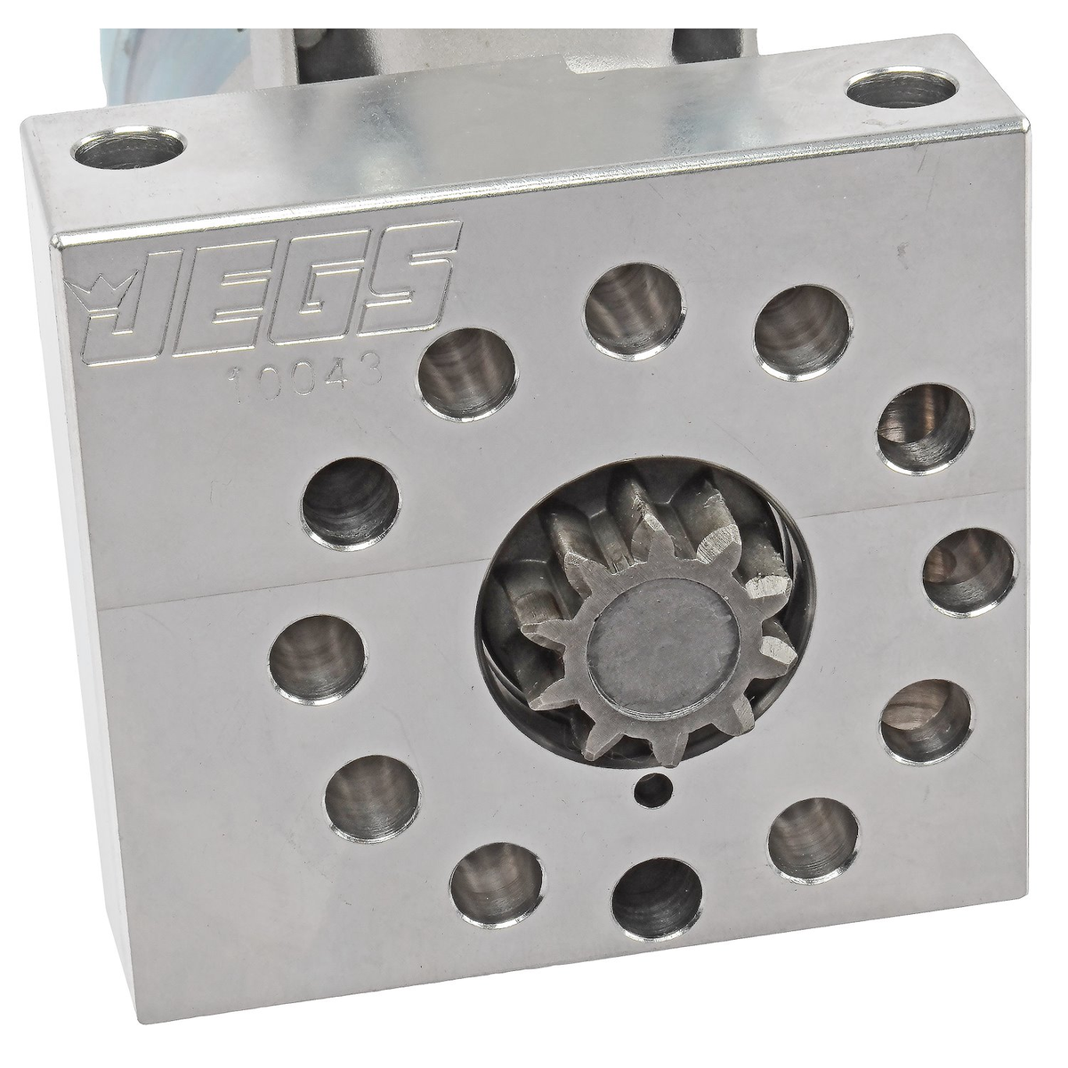 Billet aluminum mounting block and pinion on the JEGS 10043 starter