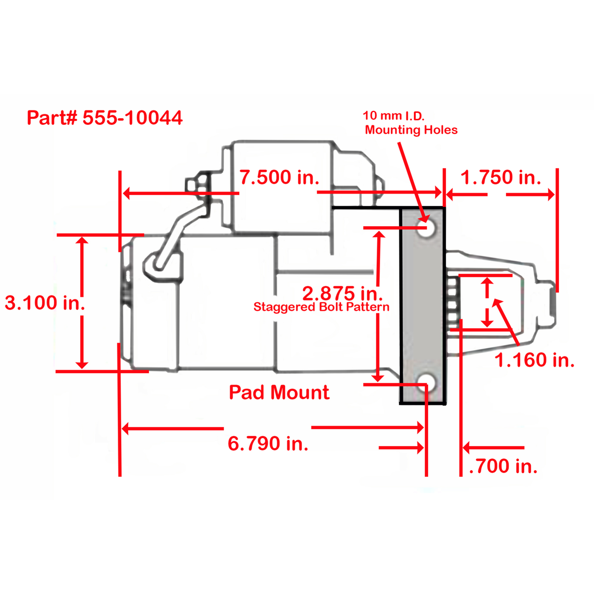 JEGS 10044 starter dimension drawing with 2.875 in. staggered bolt pattern and 10 mm mounting holes
