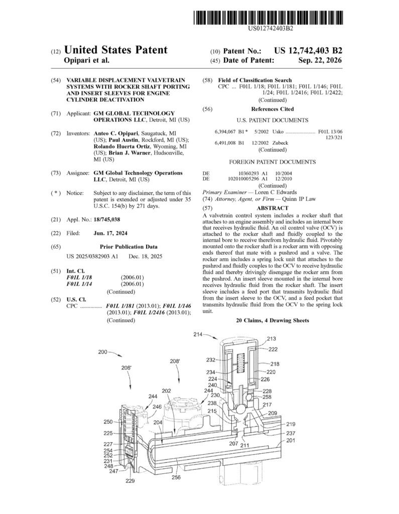 USPTO front page of U.S. Patent 12,742,403 B2 with the representative rocker, oil-control valve, and spring-lock drawing